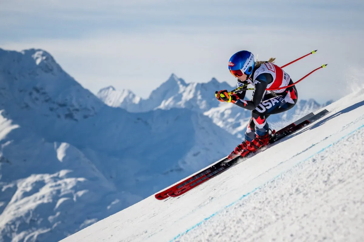 U.S. skier Mikaela Shiffrin competes during the Women's Downhill race at the FIS Alpine Skiing World Cup event in St. Moritz, Switzerland, on Dec. 9, 2023. (Fabrice Coffrini/AFP)