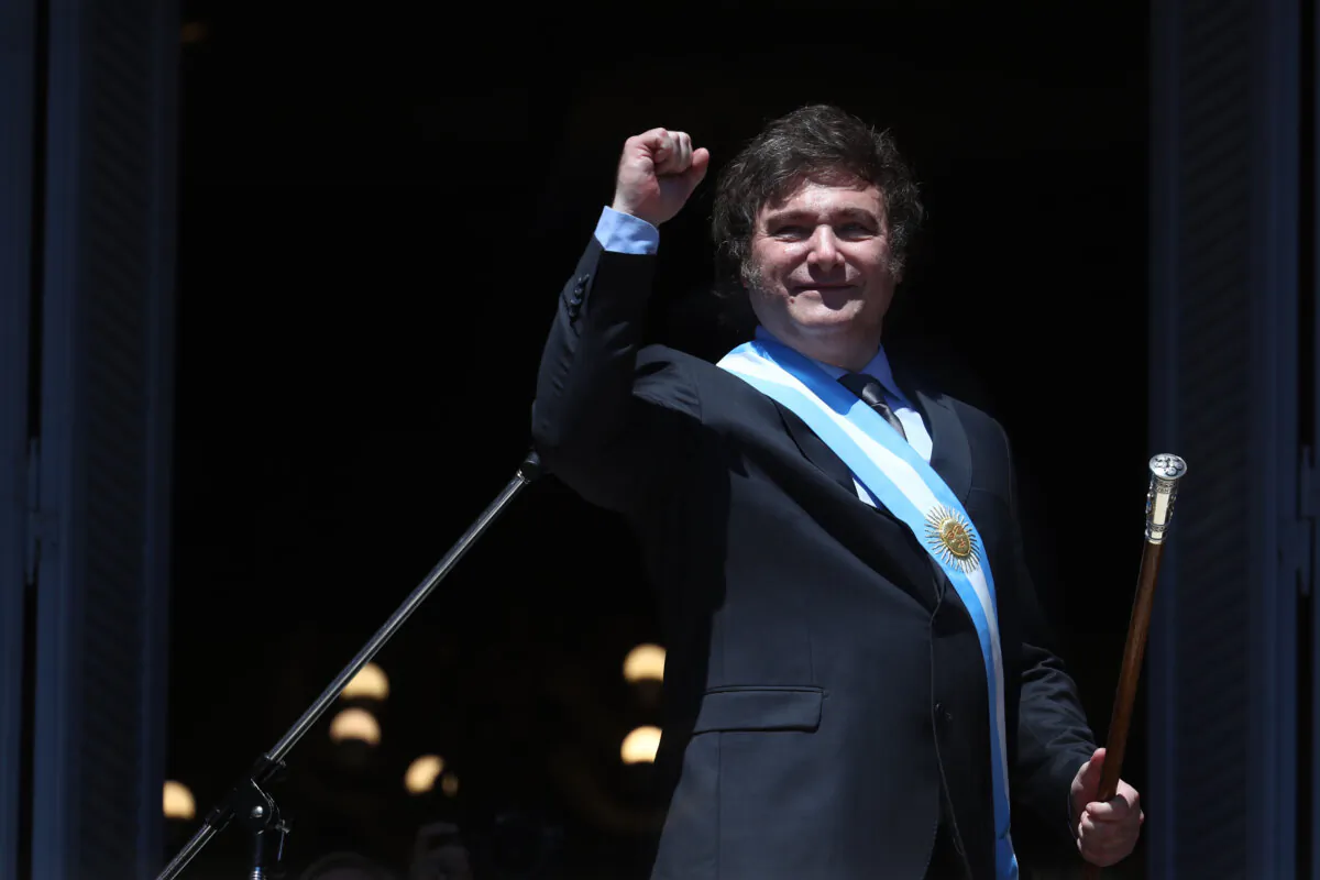President of Argentina Javier Milei greets supporters after his inauguration ceremony at the Casa Rosada Presidential Palace in Buenos Aires, Argentina, on Dec. 10, 2023. (Marcos Brindicci/Getty Images)