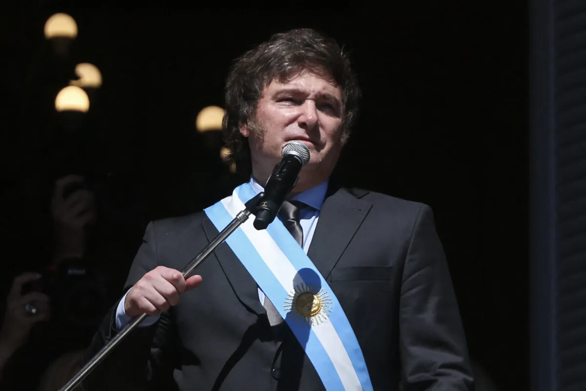 Argentina's new president Javier Milei speaks to the crowd from a balcony of the Casa Rosada government palace during his inauguration day in Buenos Aires on Dec. 10, 2023. (Cezaro de Luca/AFP via Getty Images)