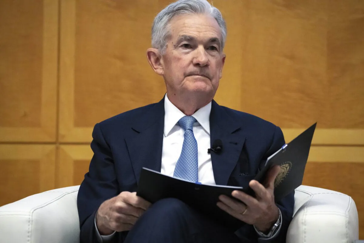 Federal Reserve Chairman Jerome Powell is introduced at the Jacques Polak Research Conference at the International Monetary Fund in Washington on Nov. 9, 2023. (Mark Schiefelbein/AP Photo)