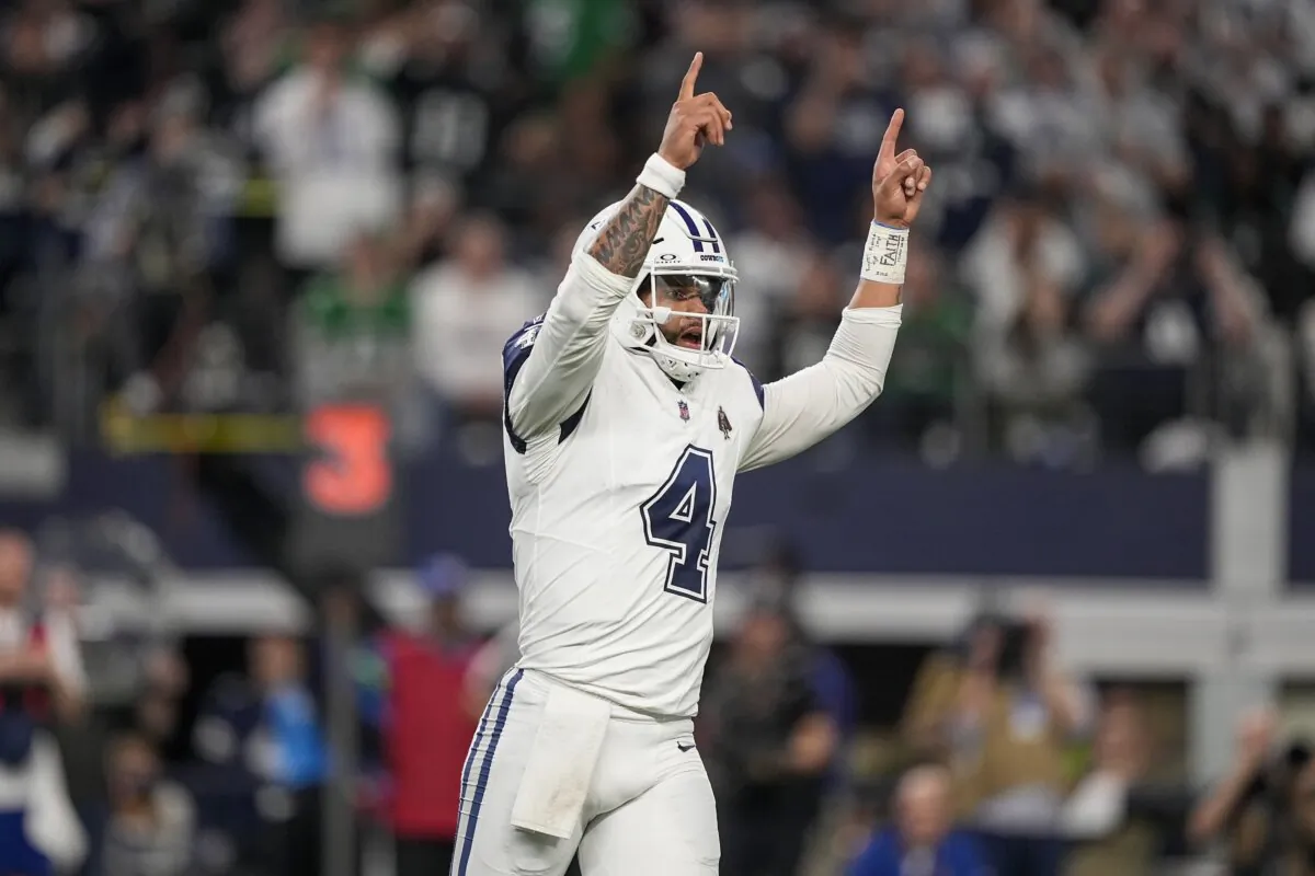 Dallas Cowboys quarterback Dak Prescott reacts after a play against the Philadelphia Eagles during the first half of an NFL football game in Arlington, Texas, on Dec. 10, 2023. (Tony Gutierrez/AP Photo)