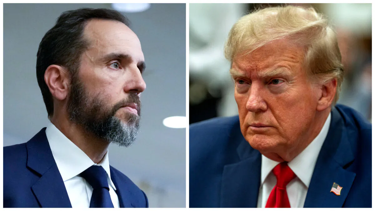 (Left) Special Counsel Jack Smith delivers remarks in Washington on Aug. 1, 2023. (Right) Former President Donald Trump attends his trial in New York State Supreme Court in New York City on Dec. 7, 2023. (Drew Angerer, David Dee Delgado/Getty Images)