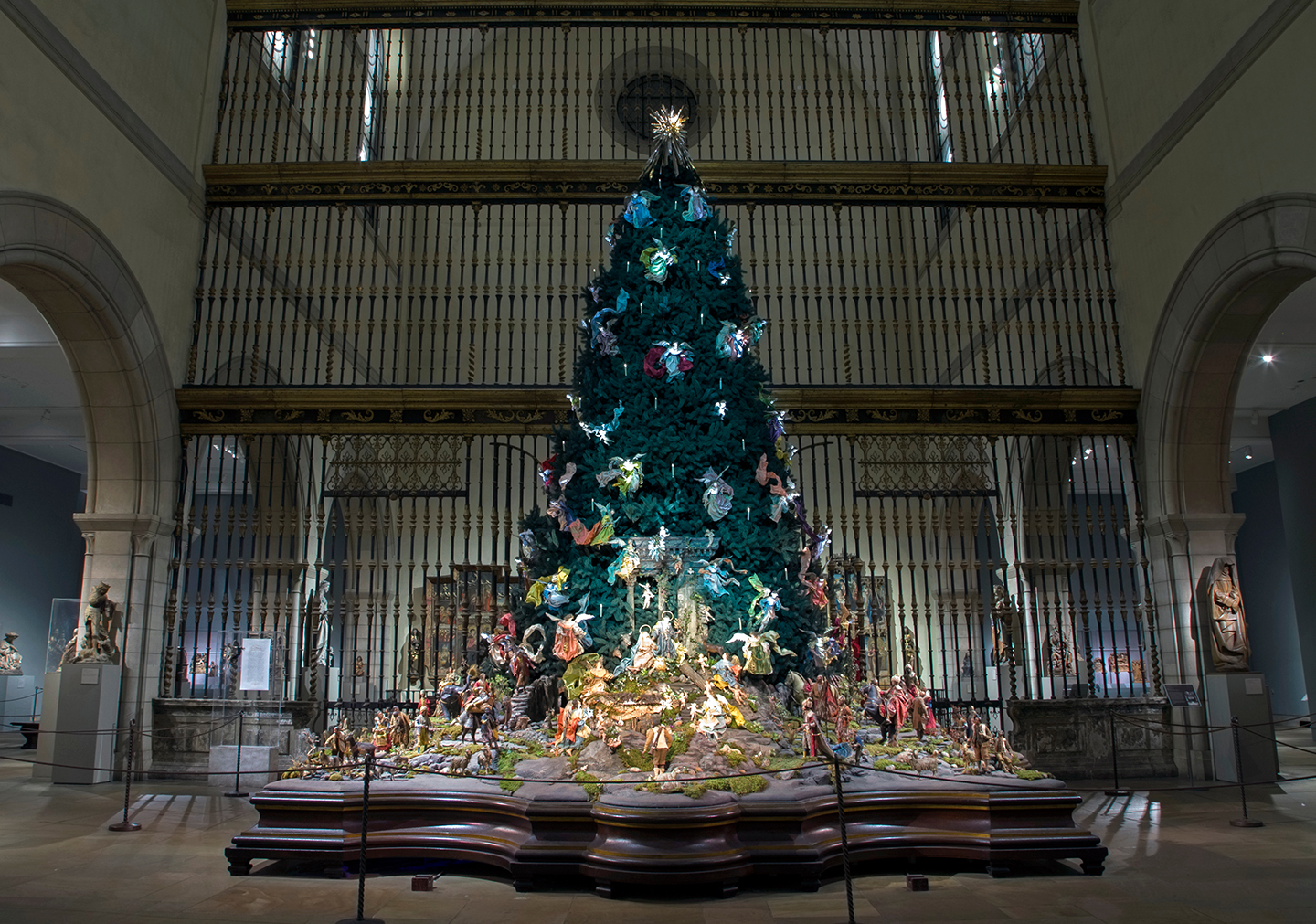 Christmas tree at Medieval Sculpture Hall inside Metropolitan Museum of Art in New York City.