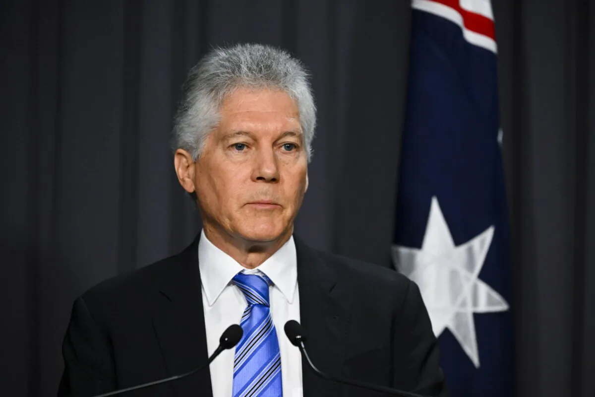 Australia's High Commissioner to the UK, Stephen Smith, speaks during a press conference at Parliament House in Canberra, Australia, on Aug. 3, 2022. (AAP Image/Lukas Coch)