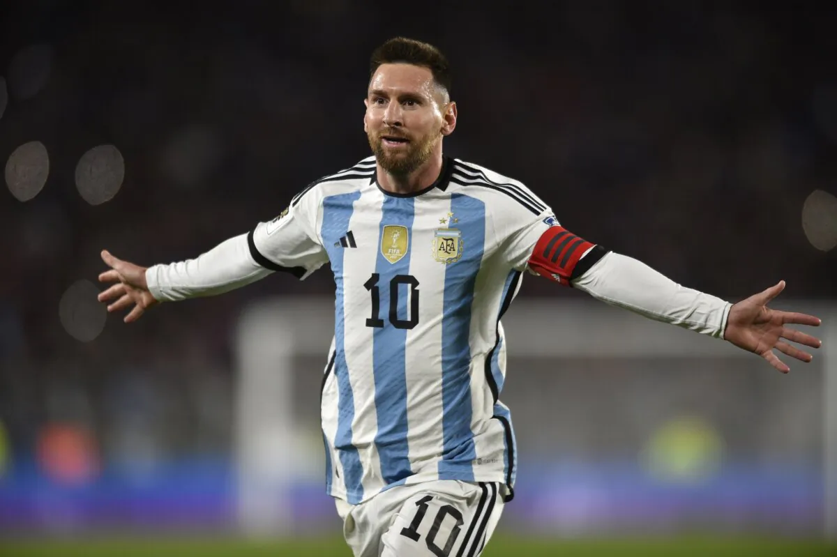 Argentina's Lionel Messi, celebrates scoring his side's first goal against Ecuador during a qualifying soccer match for the FIFA World Cup 2026, at Monumental stadium in Buenos Aires, Argentina, on Sept. 7, 2023. (Gustavo Garello/AP Photo)