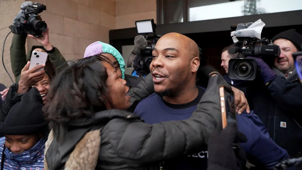 Marvin Haynes is hugged by a supporter as he walks out of the Minnesota Correctional Facility at Stillwater in Bayport, Minn., on Dec. 11, 2023. (Mark Vancleave/AP Photo)