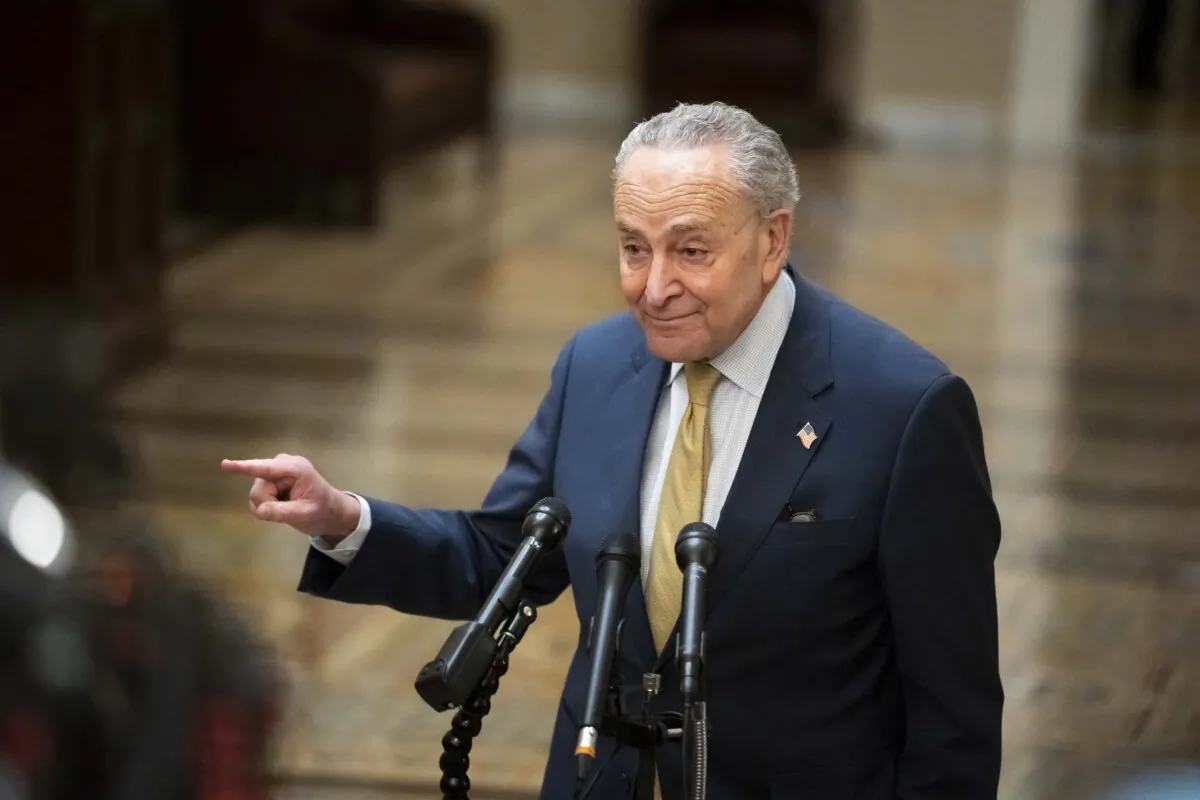 Sen. Charles Schumer (D-N.Y.) speaks to the press after a meeting with Ukrainian President Volodymyr Zelensky and other lawmakers in Congress in Washington on Dec. 12, 2023. (Madalina Vasiliu/The Epoch Times)
