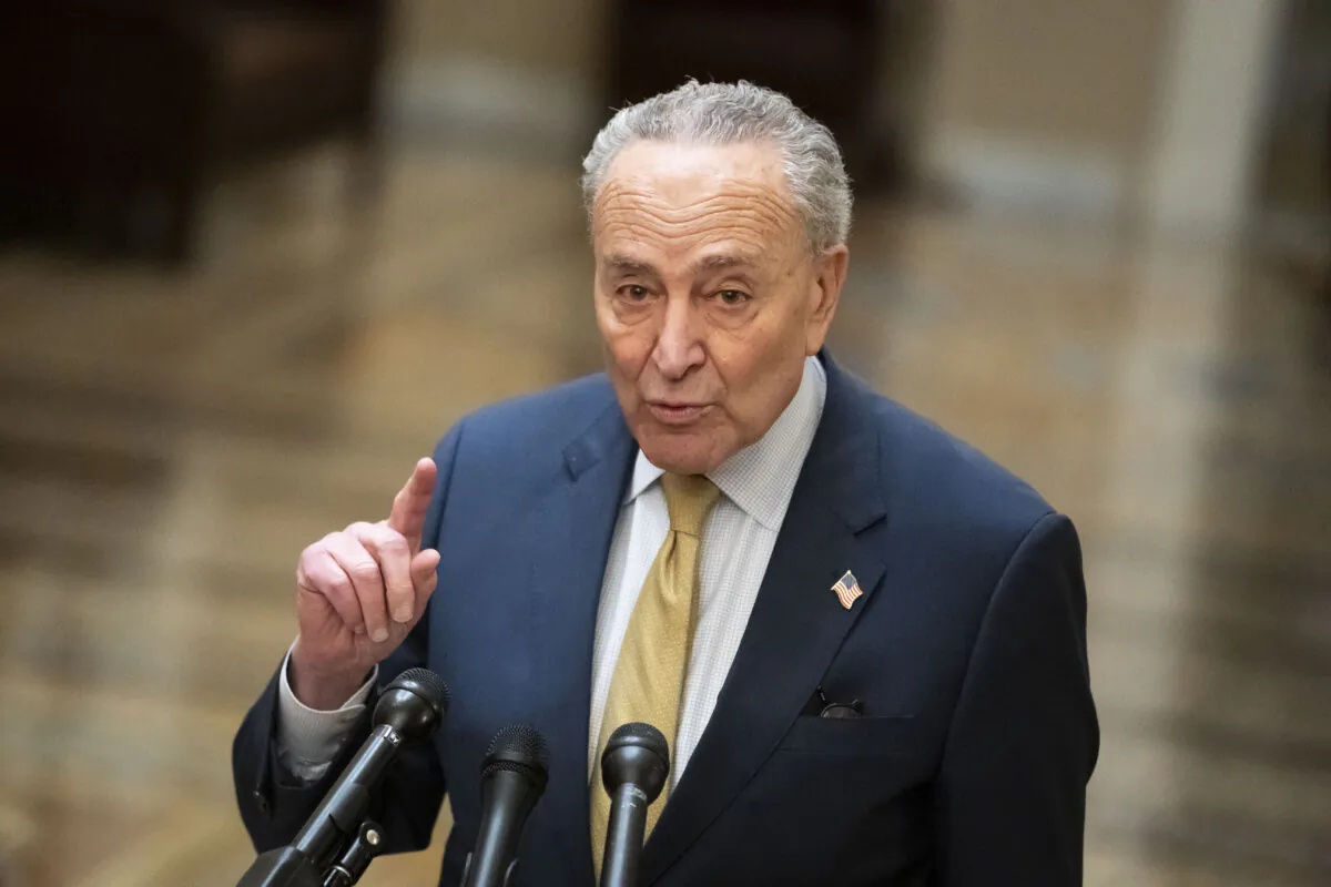 Sen. Charles Schumer (D-N.Y.) speaks to the press after a meeting with Ukrainian President Volodymyr Zelenskyy and other lawmakers in Congress in Washington on Dec. 12, 2023. (Madalina Vasiliu/The Epoch Times)