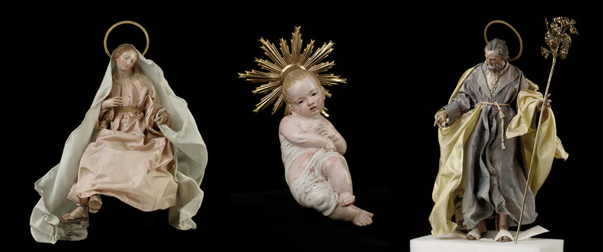 The Holy Family figures of the Virgin, Infant Jesus, and St. Joseph on display at the Metropolitan Museum of Art's annual, 18th-century Neapolitan Nativity scene in New York City. (Public Domain)