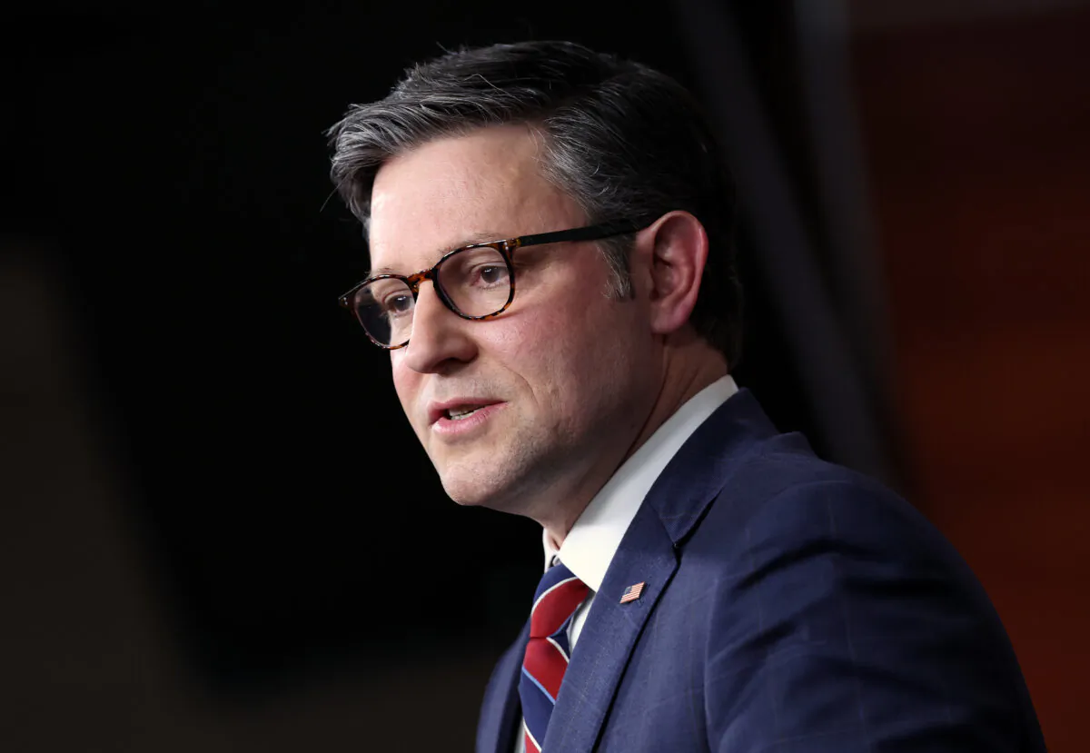 House Speaker Mike Johnson (R-La.) speaks at a press conference at the U.S. Capitol in Washington, on Dec. 12, 2023. (Kevin Dietsch/Getty Images)
