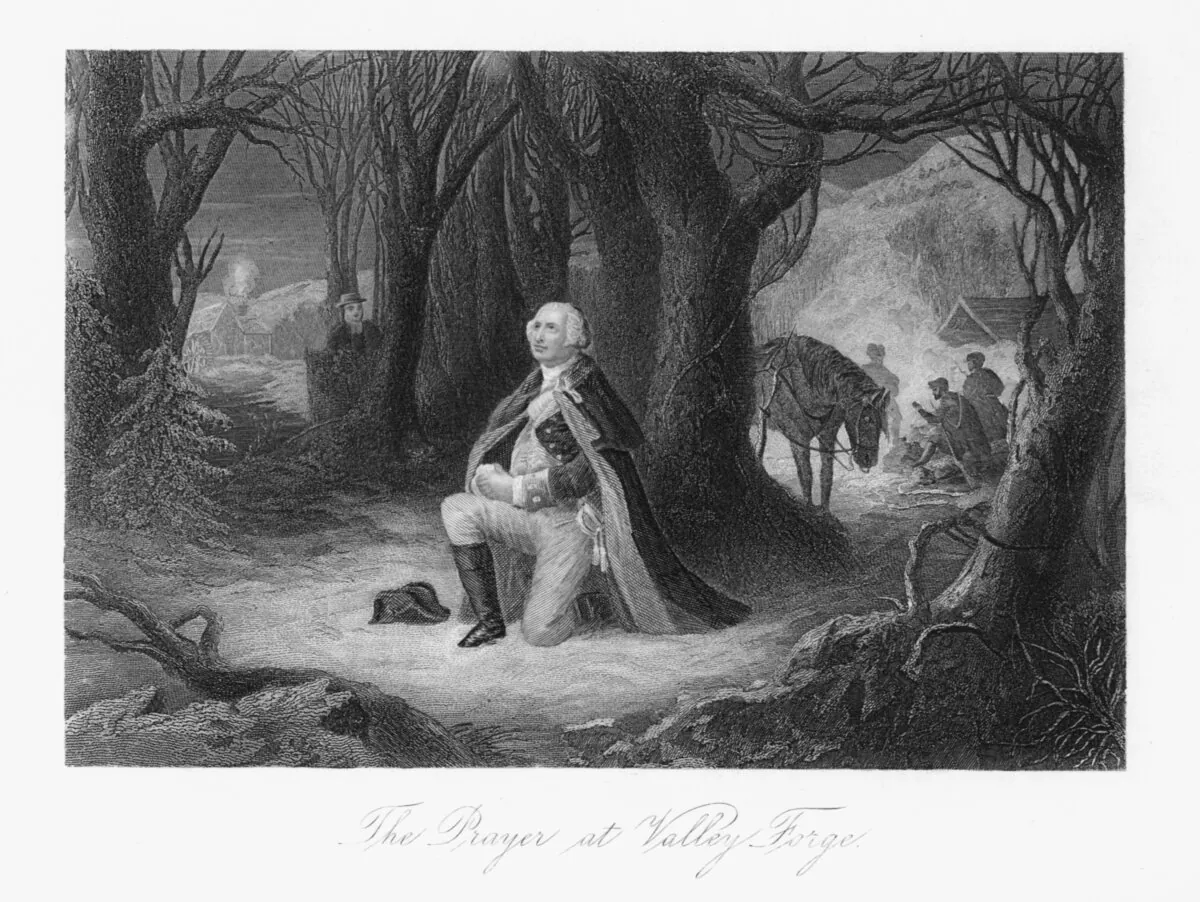 Engraved scene depicting George Washington praying in a woodland clearing, at Valley Forge, 1776. (Frederic Lewis/Archive Photos/Getty Images)