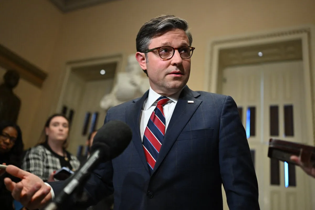 House Speaker Mike Johnson (R-La.) speaks to the press after meeting with Ukrainian President Volodymyr Zelenskyy on Capitol Hill in Washington on Dec. 12, 2023. (Andrew Caballero-Reynolds/AFP via Getty Images)