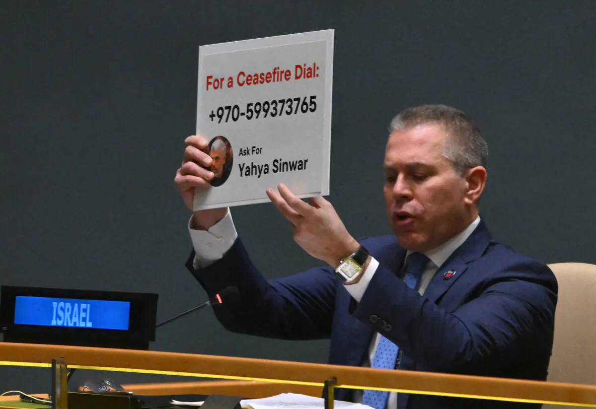 Permanent Representative of Israel to the United Nations Gilad Erdan speaks during the UN General Assembly meeting to vote on a non-binding resolution demanding "an immediate humanitarian ceasefire" in Gaza, at UN headquarters in New York, on Dec. 12, 2023. (Angela Weiss / AFP via Getty Images)