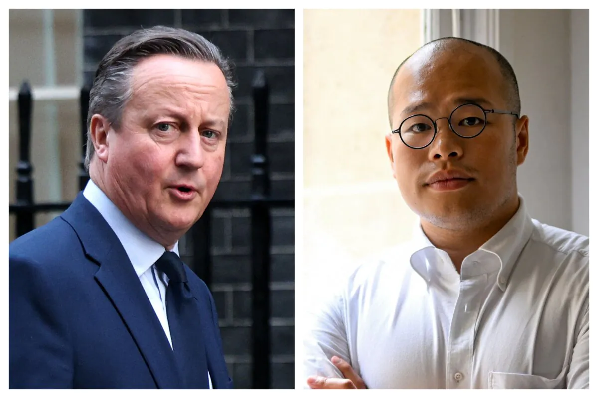 (L) Britain's Foreign Secretary David Cameron arrives at 10 Downing Street in central London on Dec. 12, 2023. (Adrian Dennis/AFP via Getty Images) (R) Sebastien Lai, son of Hong Kong pro-democracy media tycoon Jimmy Lai, poses at the Reporters Without Borders headquarters in Paris, on June 22, 2023. (Zoulerah Norddine/AFP via Getty Images)