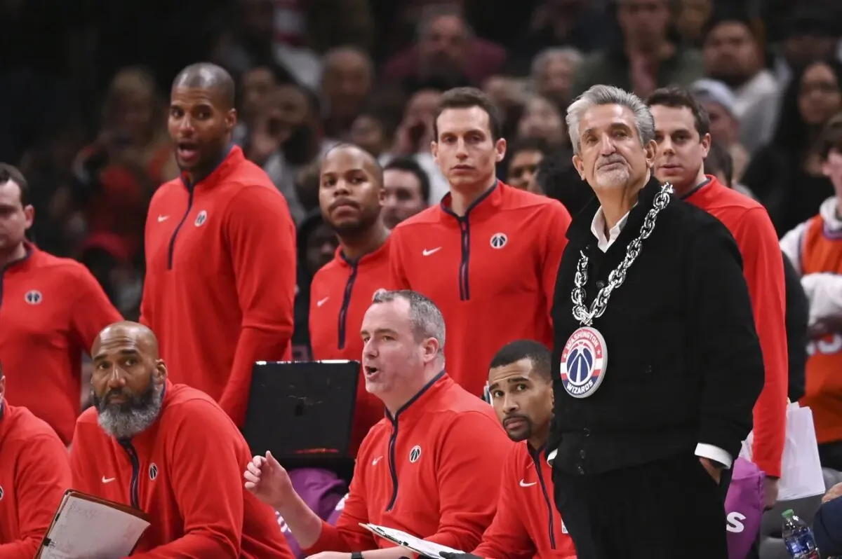Washington Wizards owner Ted Leonsis wears a chain with the team logo on the sidelines during the second half of the game against the Toronto Raptors at Capital One Arena in Washington on March 4, 2023. (Tommy Gilligan/USA TODAY Sports via Field Level Media)