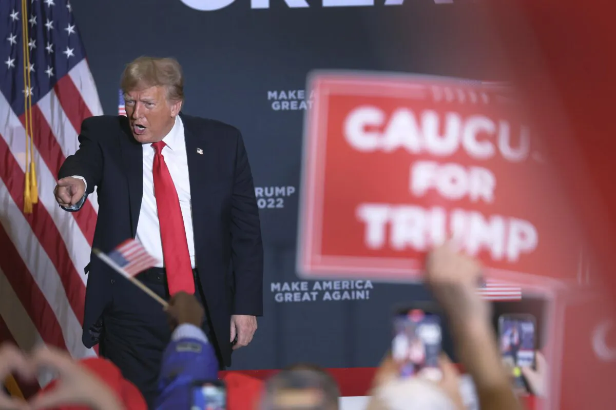 Former President Donald Trump holds a campaign event at the Hyatt Hotel in Coralville, Iowa, on Dec. 13, 2023. (Scott Olson/Getty Images)