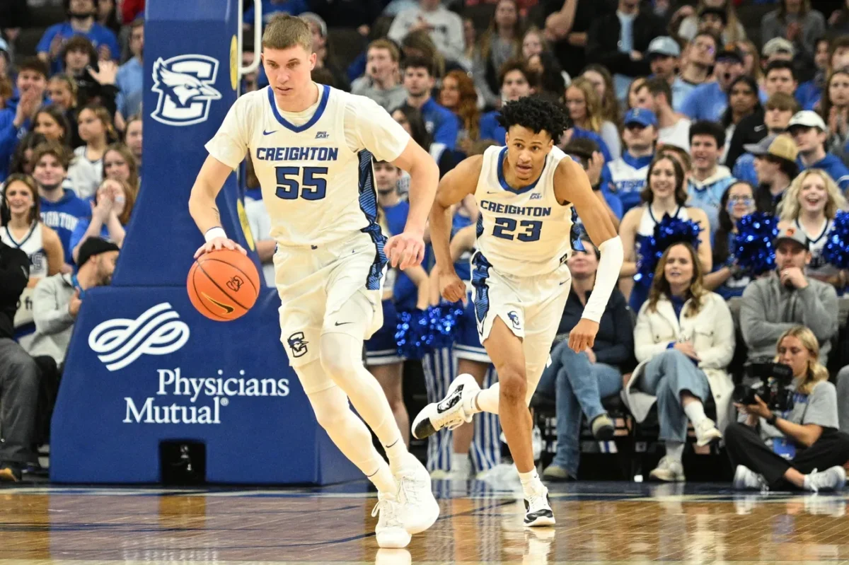 Creighton Bluejays guard Baylor Scheierman (55) dribbles up the court with guard Trey Alexander (23) in the second half against the Central Michigan Chippewas at CHI Health Center Omaha in Omaha, Neb., on Dec. 9, 2023. (Steven Branscombe/USA TODAY Sports via Field Level Media)