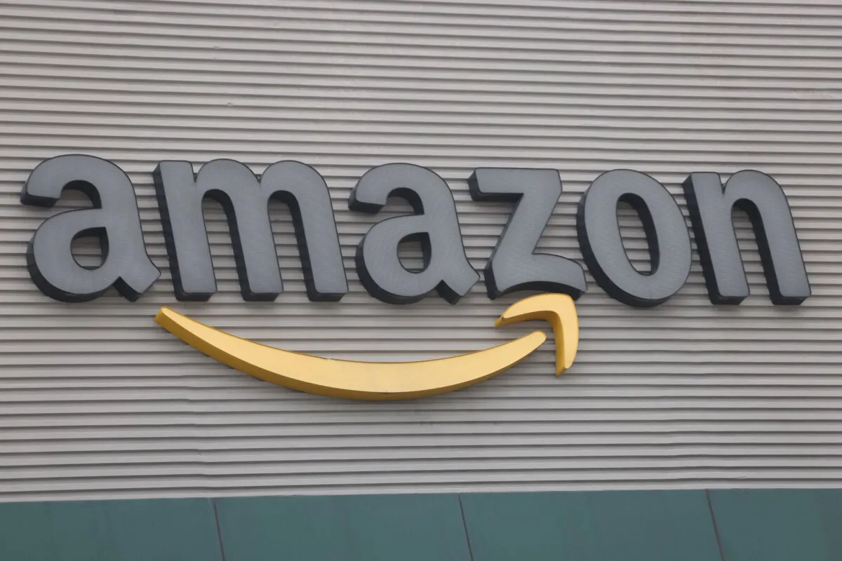 The logo of Amazon at the Amazon Fulfillment Center during a media tour ahead of the holiday season in Tepotztlan, Mexico, on Dec. 13, 2023. (Gustavo Graf/Reuters)