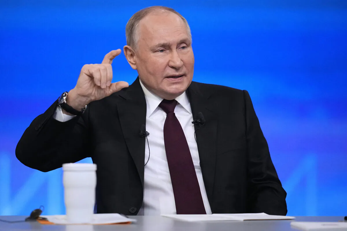 Russian President Vladimir Putin speaks during his annual news conference in Moscow, Russia, on Dec. 14, 2023. (Alexander Zemlianichenko/Pool/AP Photo)