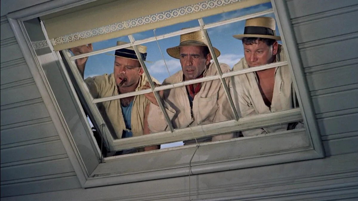 (L–R) Albert (Aldo Ray), Joseph (Humphrey Bogart), and Jules (Peter Ustinov), in “We’re No Angels.” (Paramount)