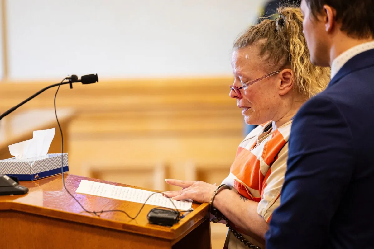 Mandy Benn addresses the court before she is sentenced at Ionia County Courthouse in Ionia, Mich., on Dec. 12, 2023. (Joel Bissell/MLive.com/Kalamazoo Gazette via AP)