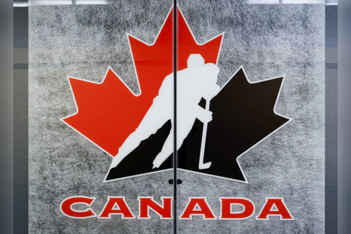 A Hockey Canada logo is seen on the door to a meeting room at the organizations head office in Calgary on Nov. 6, 2022. (The Canadian Press/Jeff McIntosh)