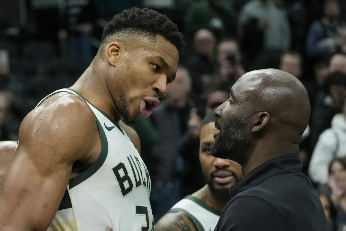 Milwaukee Bucks' Giannis Antetokounmpo argues with an Indiana Pacers coach after an NBA basketball game in Milwaukee on Dec. 13, 2023. (Morry Gash/AP Photo)