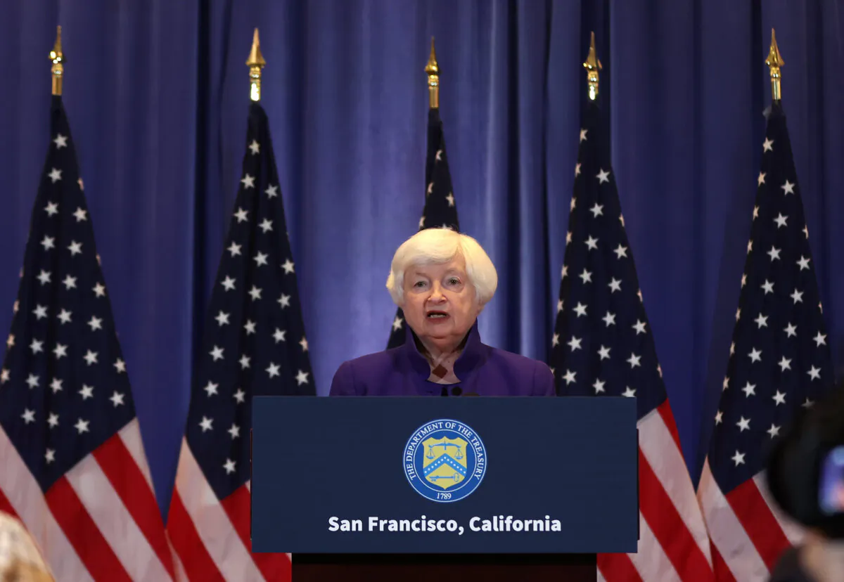 Secretary of the Treasury Janet Yellen speaks during a news conference following a bilateral meeting with Chinese Vice Premier He Lifeng at the Ritz Carlton Hotel in San Francisco, Calif., on Nov. 10, 2023. (Justin Sullivan/Getty Images)