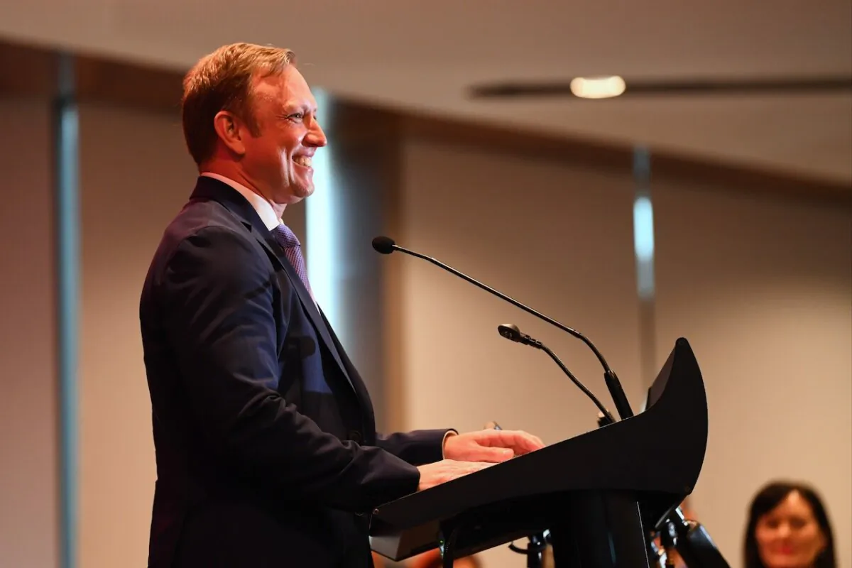 New Queensland Premier Steven Miles makes his first address as Premier, at 1 William Street in Brisbane, Australia on Dec. 15, 2023. (AAP Jono Searle)