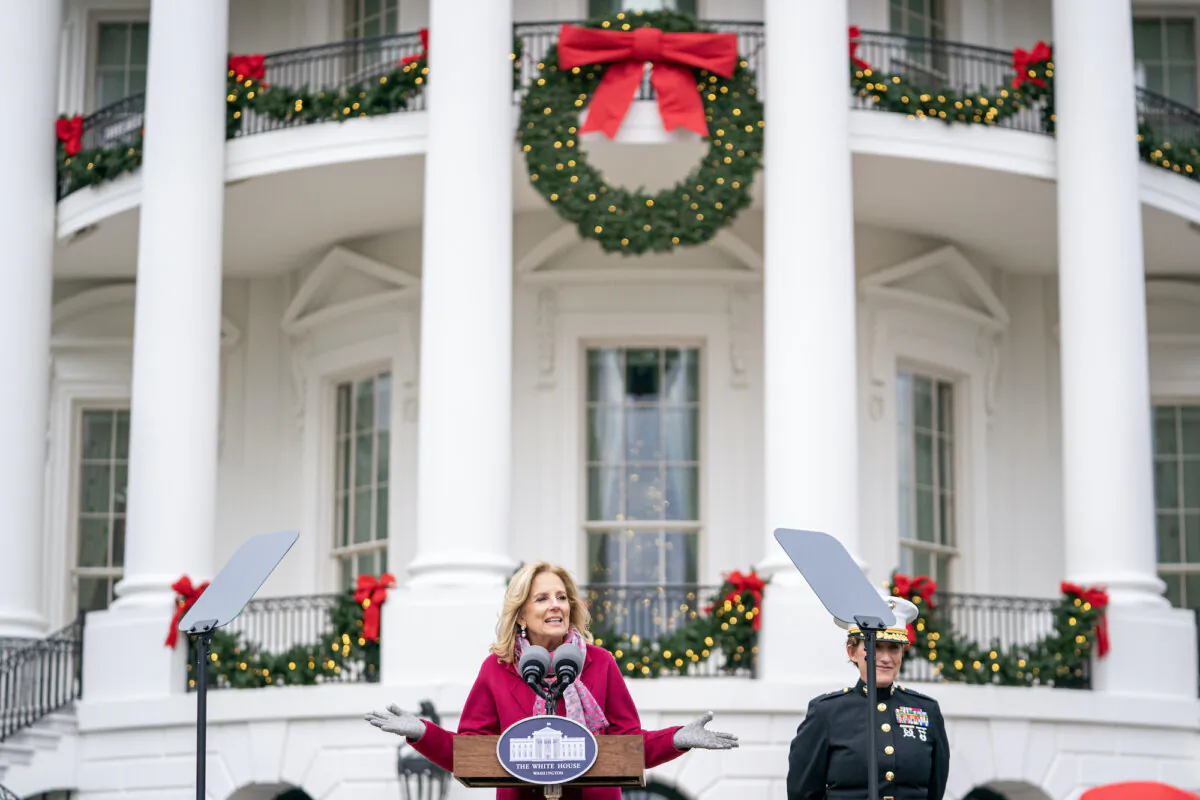 First Lady Jill Biden speaks during the annual U.S. Marine Corps Reserve Toys for Tots event on the South Lawn of the White House in Washington, on Dec. 6, 2023. (Nathan Howard/Getty Images)