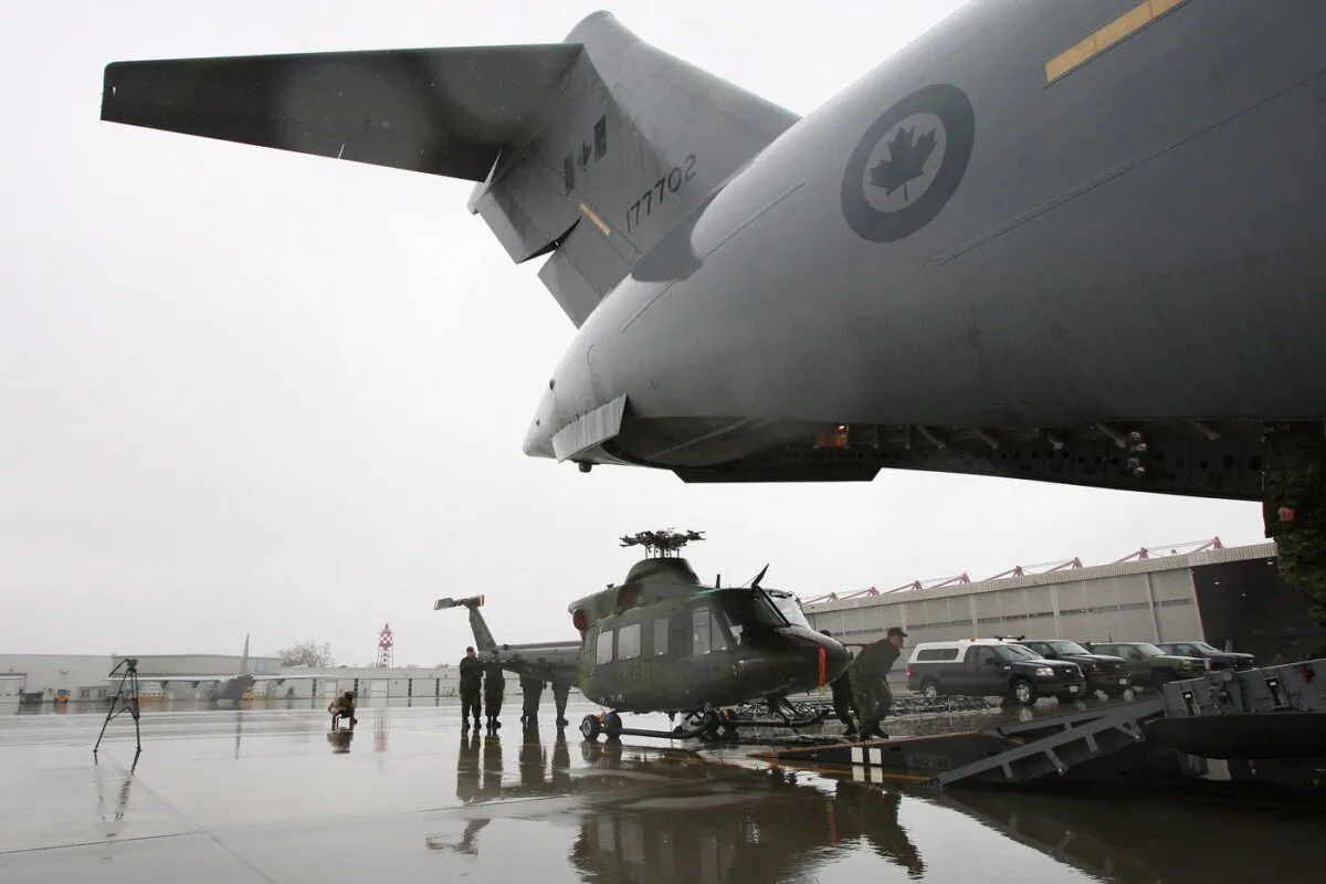 A CH-146 Griffon helicopter from Canadian Forces Base Bagotville, is being loaded onto a C-17 Globemaster airplane, at Canadian Forces Base Trenton in Trenton, Ont., on Nov. 17, 2013. (The Canadian Press/Lars Hagberg)