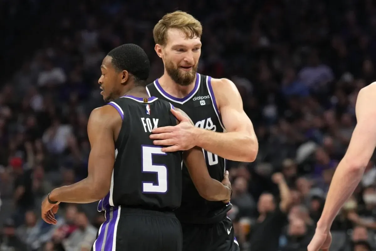 Sacramento Kings guard De'Aaron Fox (5) is congratulated by forward Domantas Sabonis (10) after a basket against the Oklahoma City Thunder during the second quarter at Golden 1 Center in Sacramento, Calif., on Dec. 14, 2023. (Darren Yamashita/USA TODAY Sports via Field Level Media)