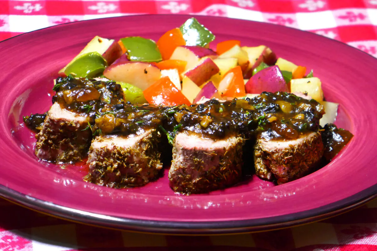 Provencal Pork with Pepper Potatoes. Sauteed potatoes with red and green peppers are a perfect accompaniment to balance out the meal. To speed up the cooking, I first microwave the potatoes and peppers and then finish sauteing them in the same skillet used to make the pork. (Linda Gassenheimer/TNS)