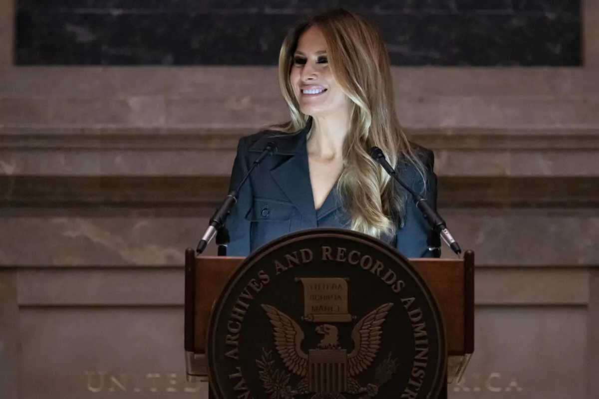 Former First Lady Melania Trump speaks during a Naturalization Ceremony at the National Archives building in Washington on Dec. 15, 2023. (Saul Loeb/AFP via Getty Images)
