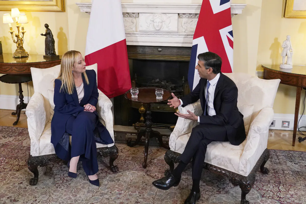 Prime Minister Rishi Sunak hosts the Italian Prime Minister Giorgia Meloni at 10 Downing Street in London on April 27, 2023. (Alberto Pezzali/WPA Pool/Getty Images)