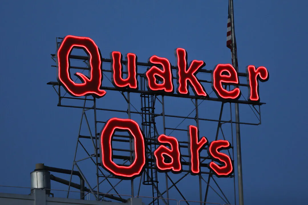 The new Quaker Oats sign is seen in Cedar Rapids, Iowa on June 8, 2021. (Rebecca F. Miller/The Gazette via AP)