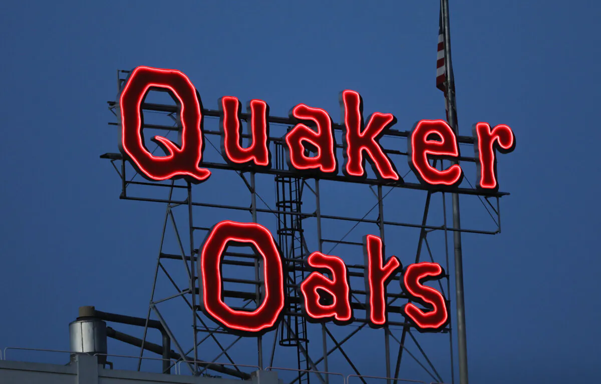 The new Quaker Oats sign is seen in Cedar Rapids, Iowa, on June 8, 2021. (Rebecca F. Miller/The Gazette via AP)