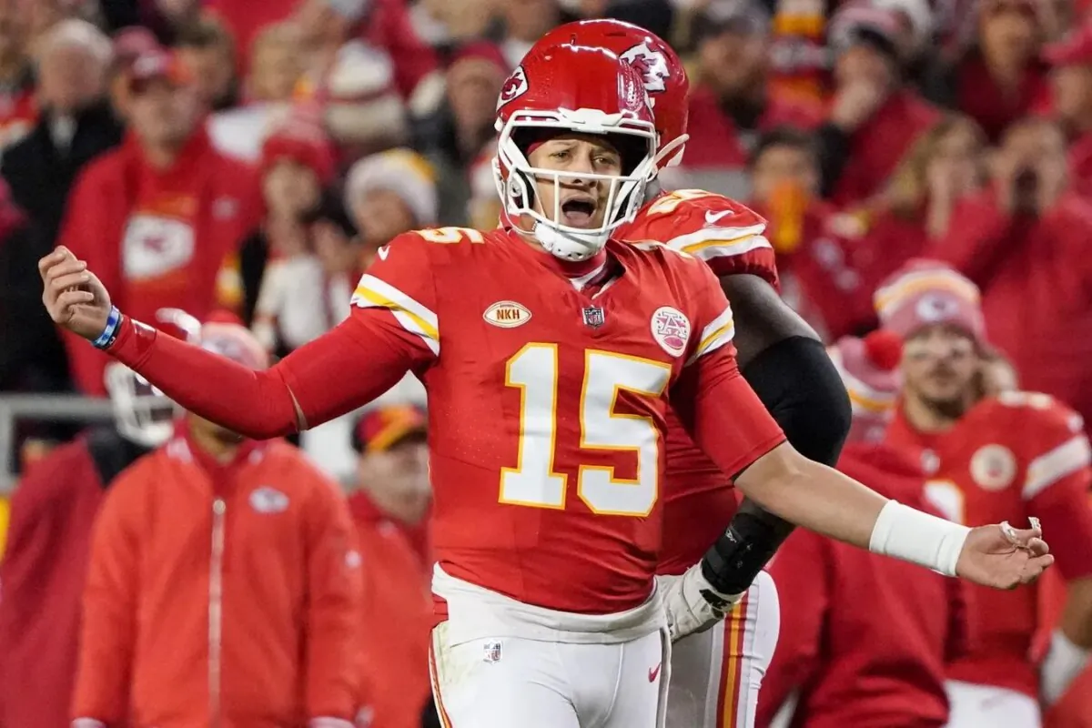 Kansas City Chiefs quarterback Patrick Mahomes (15) gestures to an official after a play against the Buffalo Bills during the second half at GEHA Field at Arrowhead Stadium in Kansas City, Mo., on Dec. 10, 2023. (Denny Medley/USA TODAY Sports via Field Level Media)