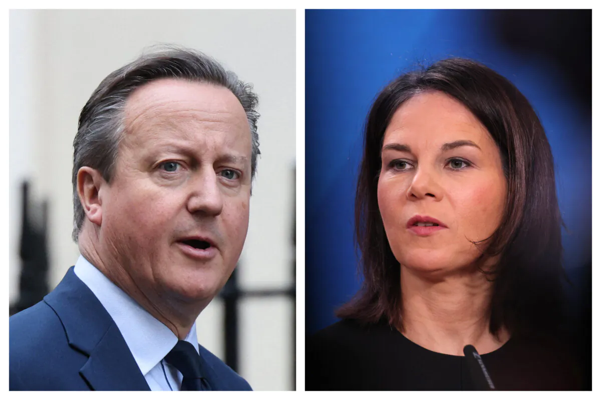 L: UK Foreign Secretary David Cameron comes back to 10 Downing Street in central London on Dec. 12, 2023. (Adrian Dennis/AFP via Getty Images)
R: German Foreign Minister Annalena Baerbock speaks to the media in Berlin on Dec. 15, 2023. (Sean Gallup/Getty Images)