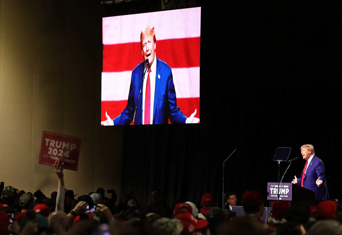 Republican presidential candidate former U.S. President Donald Trump delivers remarks during a campaign rally at the Reno-Sparks Convention Center in Reno, Nevada, on Dec. 17, 2023. (Justin Sullivan/Getty Images)