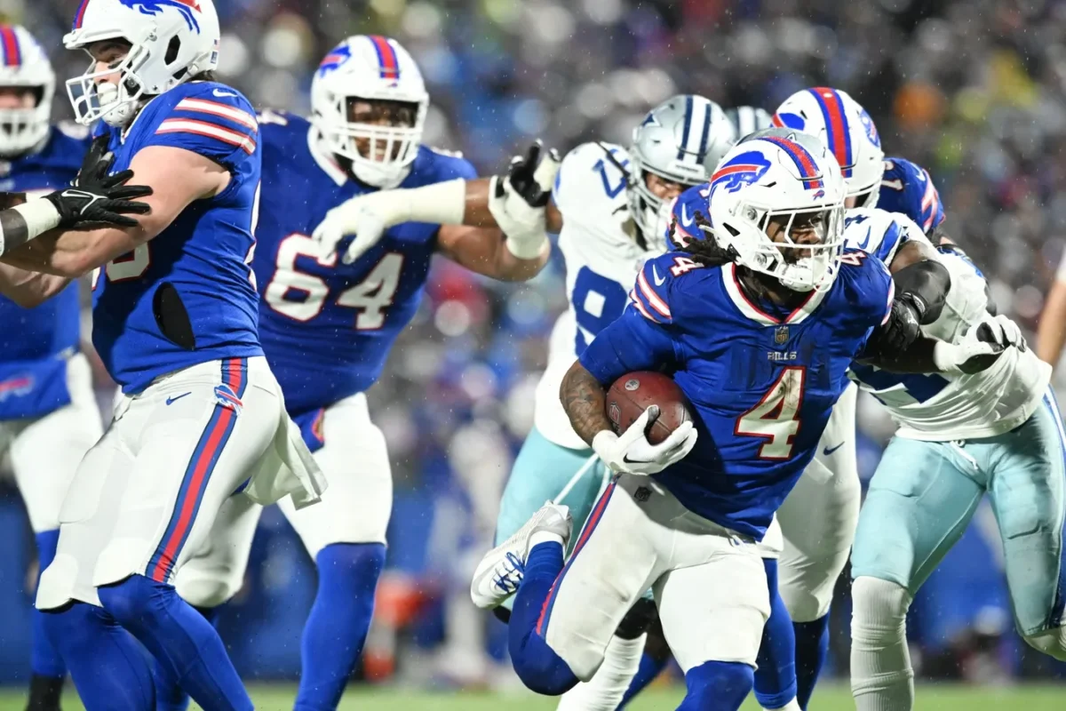 Buffalo Bills running back James Cook (4) runs the ball in the second half against the Dallas Cowboys at Highmark Stadium in Orchard Park, New York on Dec. 17, 2023. (Mark Konezny/USA TODAY Sports via Field Level Media)