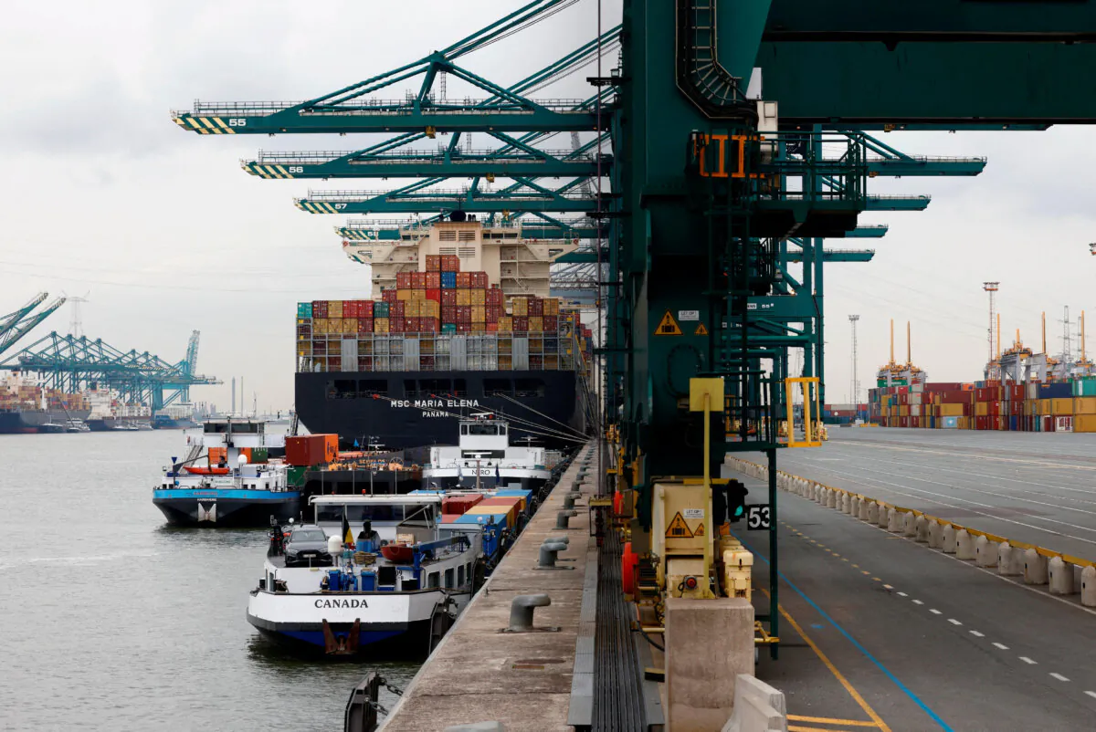 Containers are stacked up on the container ship MSC Maria Elena at the port of Antwerp, Belgium, on Sept. 23, 2022. (Yves Herman/Reuters)