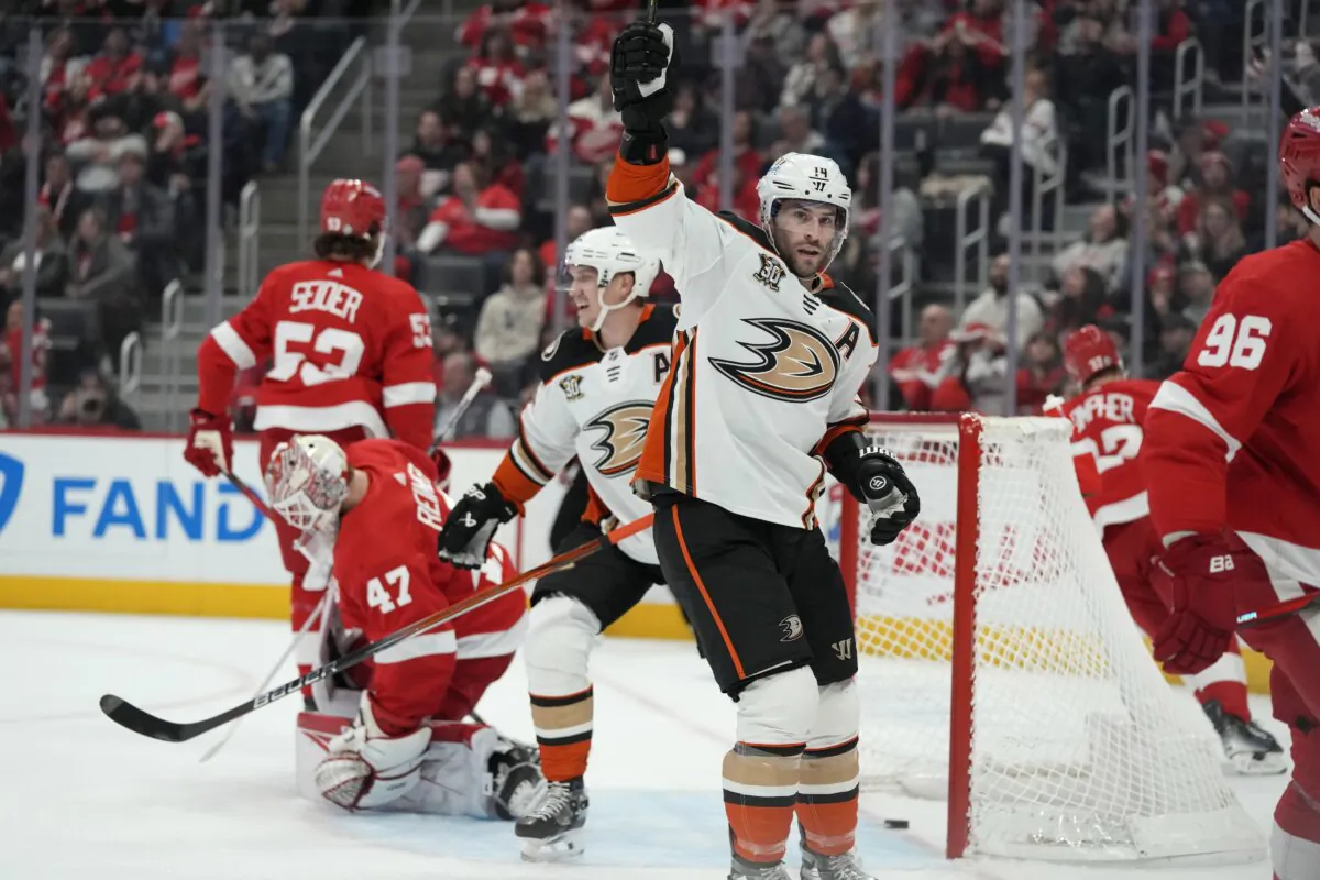 Anaheim Ducks center Adam Henrique (14) reacts after his goal on Detroit Red Wings goaltender James Reimer (47) during the first period of an NHL hockey game in Detroit on Dec. 18, 2023. (Carlos Osorio/AP Photo)