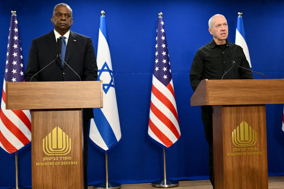 U.S. Secretary of Defense Lloyd Austin (L) and Israel's Defense Minister Yoav Gallant give a joint press conference in Tel Aviv, Israel, on Dec. 18, 2023. (Alberto Pizzaoli/AFP via Getty Images)
