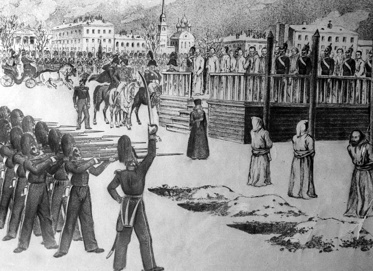 "Semionov-platz Mock Execution Ritual," by B. Pokrovsky (1849). (Public Domain)