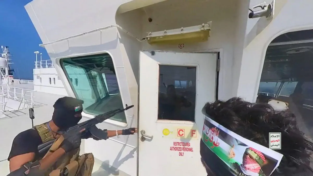 INTERNATIONAL WATERS RED SEA, YEMEN - NOVEMBER 20: This handout screen grab captured from a video shows Yemen's Houthi fighters' takeover of the Galaxy Leader Cargo in the Red Sea coast off Hudaydah, on Nov. 20, 2023 in the Red Sea, Yemen. (Photo by Houthi Movement via Getty Images)