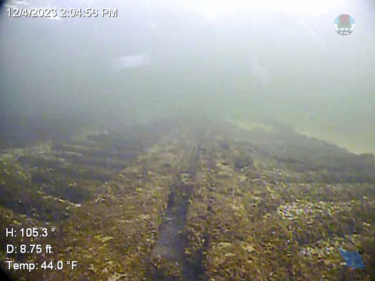 The photo shows what archaeologists believe to be the remains of the 122-foot-long George L. Newman, a ship that sank in Lake Michigan in October 1871 during a deadly forest fire. (Wisconsin Department of Natural Resources via AP)