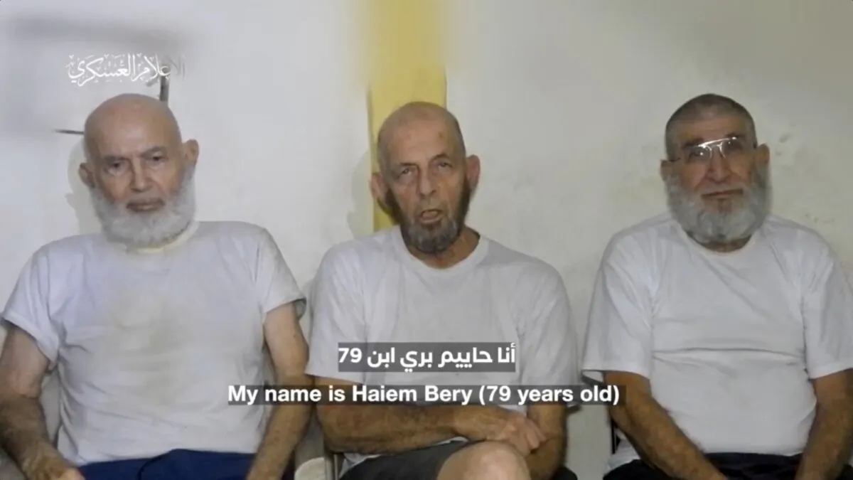 Three Israeli hostages appear in footage by Hamas at a location given as Gaza, in this still image obtained from handout video released on Dec. 18, 2023. (Hamas Military Wing/Handout via Reuters)
