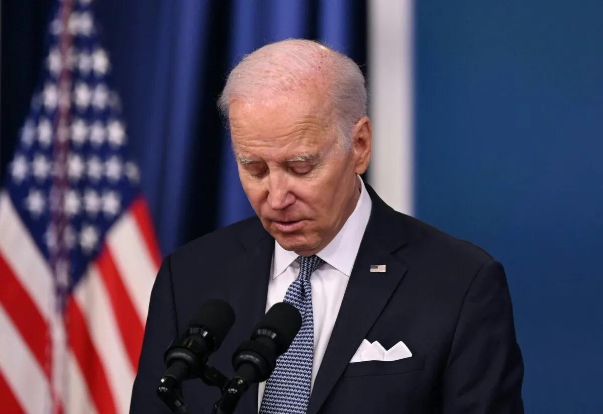President Joe Biden pauses while speaking about the economy in the South Court Auditorium at the Eisenhower Executive Office Building, next to the White House, on Jan. 12, 2023. (Andrew Caballero-Reynolds/AFP via Getty Images)