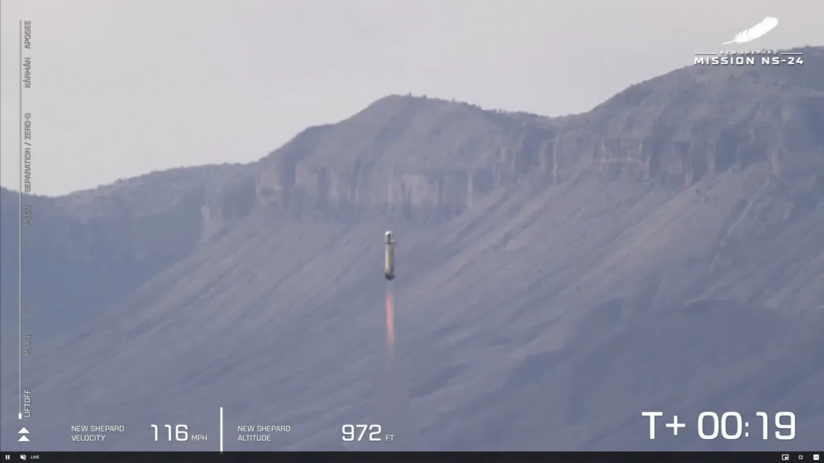 The New Shepard rocket launching from West Texas on Dec. 19, 2023. (Blue Origin via AP)